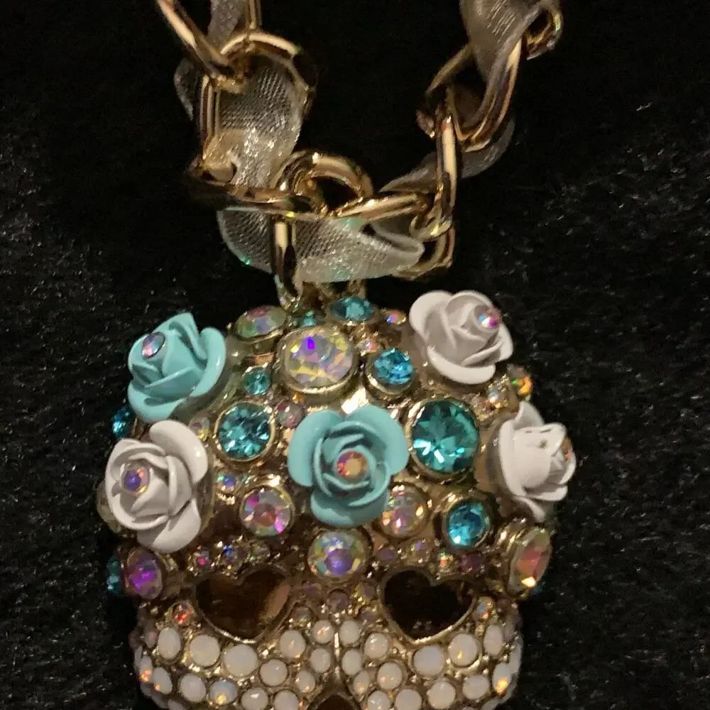Betsey Johnson Ribbon Chain Collar Choker Crystal Pave Sugar Rose Skull Necklace